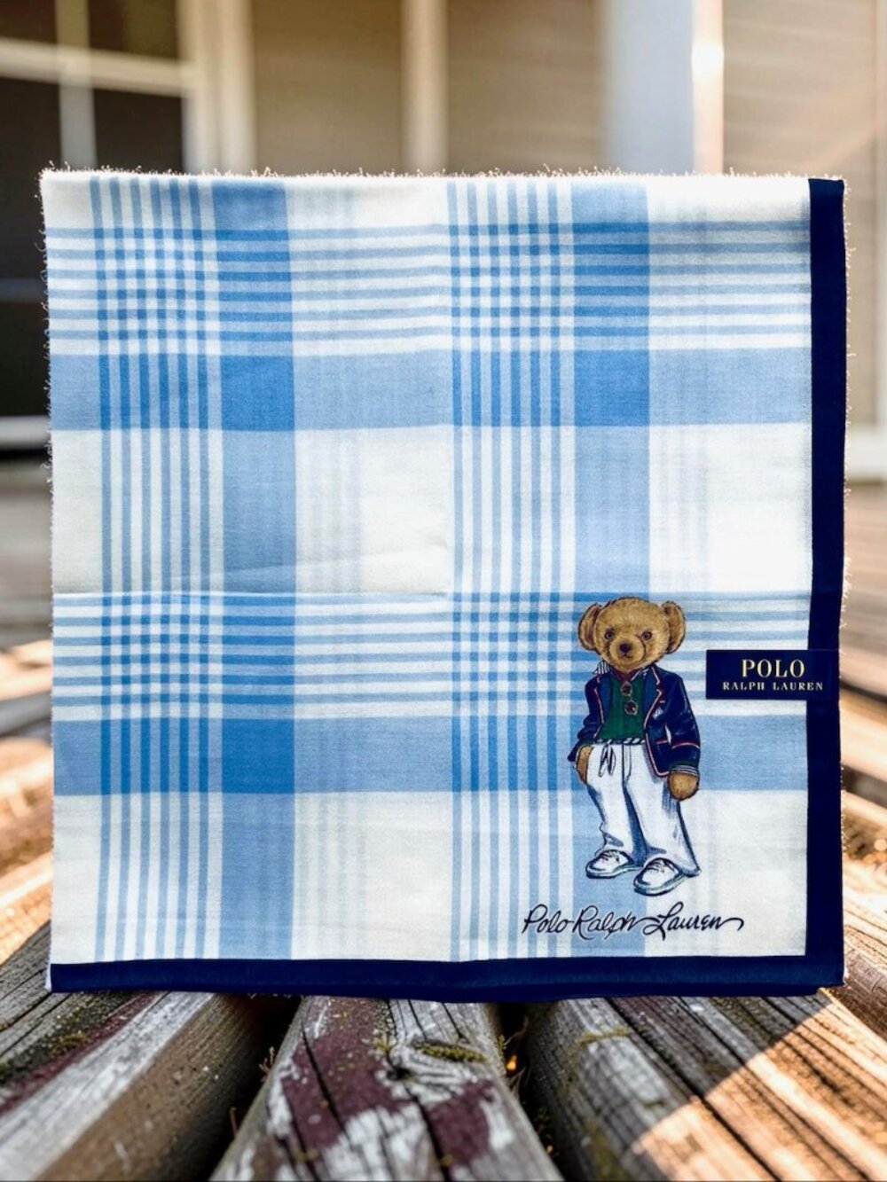 Polo Ralph Lauren  Handkerchief/ Bandana 19" white blue check with Bear (82)
